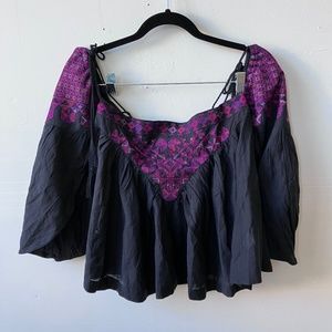 Free people, black burgundy, and purple embroidered off the shoulder top